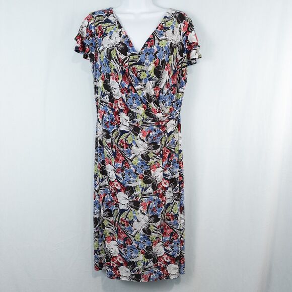 Lauren Ralph Lauren Floral Flutter Sleeve Surplice Dress Size 10 Stretch Ruched - Picture 1 of 16